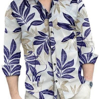 Men's Printed Regular Collar Casual Shirt Cream & Navy Blue